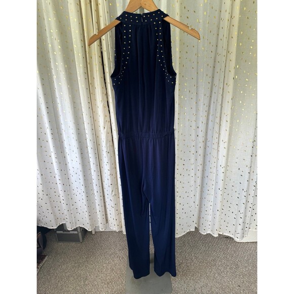 Michael Kors Navy Embellished Studded Trim Front Tie Neck Classy Jumpsuit XS 2 - Picture 7 of 10